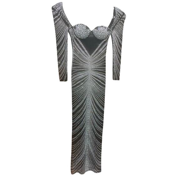 Banful Women's Long Sleeve Rhinestones Mesh Bodycon Sexy club Party Prom Dress. - Picture 3 of 7